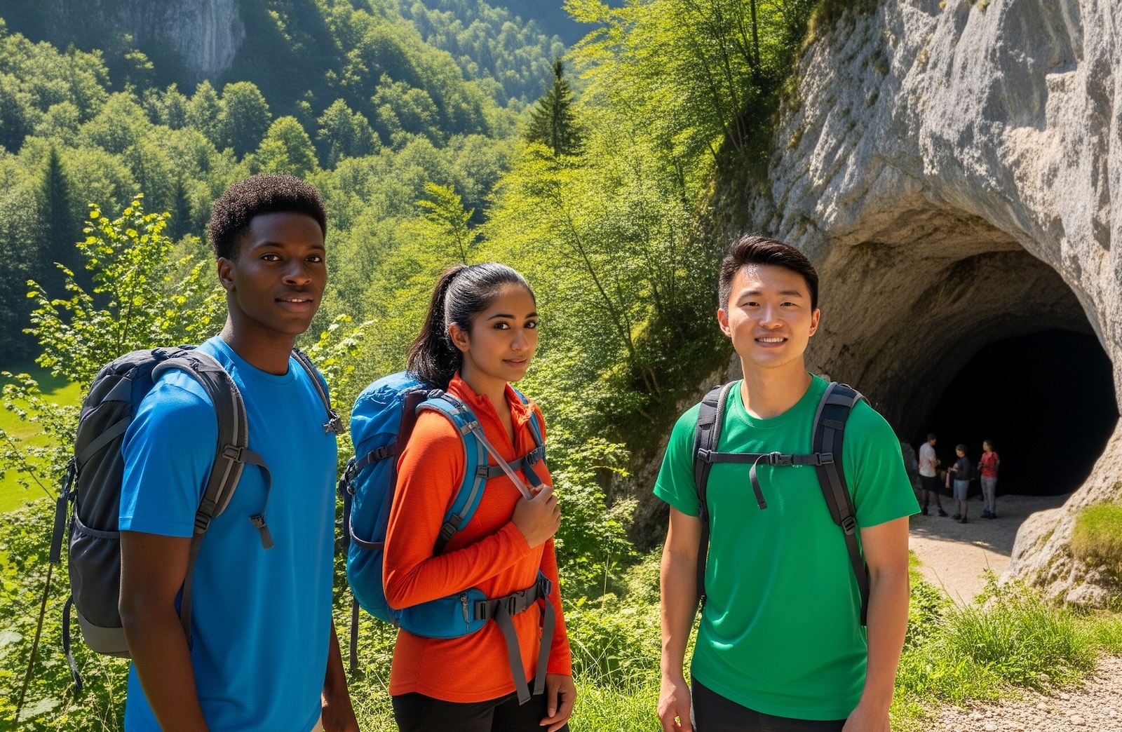 Global Locals AI generated image depicting people hiking near a cave.